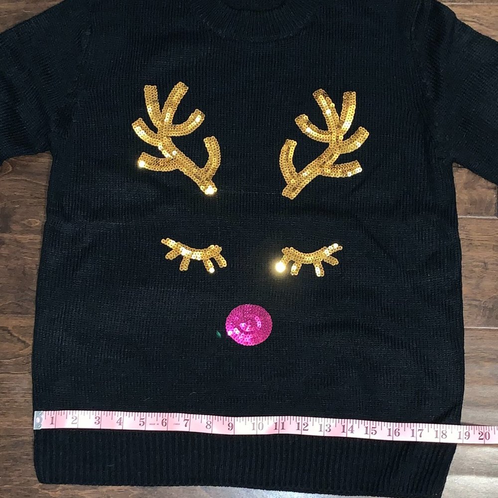 BRAND NEW Black Christmas Gold Pink Sequin Rudolph Reindeer Sweater - Picture 6 of 11